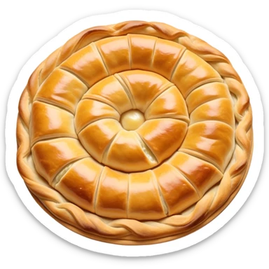 cinematic-realistic-flat burek-sa-sirom-dish-emoji,-showcasing-a-flaky-pastry-filled-with-cheese-rendered-with-crisp-textures-and-appetizing,-warm-lighting. round spiral sticker