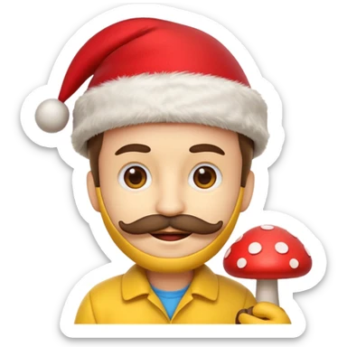 yellow emoji face with brown mustache and red Christmas hat, holding tiny red mushroom, 3D emoji style, 1:1
 sticker