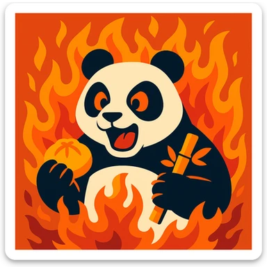a panda surrounded by fire with food in its paws in a dynamic animated style sticker
