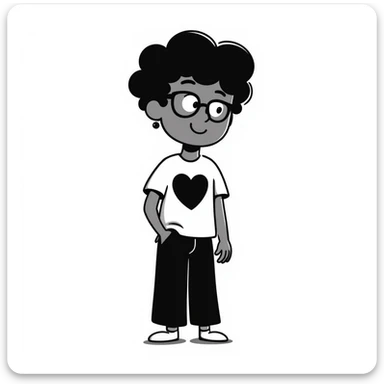 boy with curly hair and brown skin, wearing black glasses and earrings, hand-drawn doodle style sticker