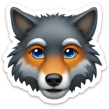 a blacky gray wolf furry head, with right ear orange and left ear blue, right eye blue and left eye orange, sad sticker