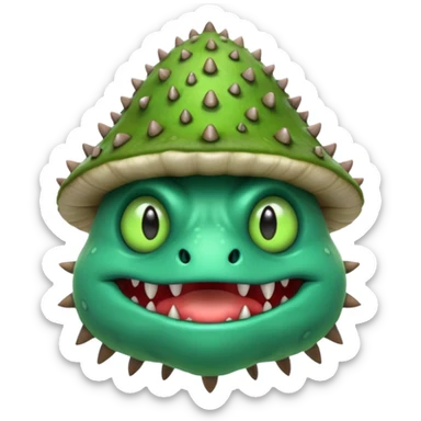 poisonous mushroom monster portrait, head and shoulders only, animal-like creature, mushroom cap head with spikes, toxic green glow, beast-like eyes, furry neck details, monstrous but cute fantasy vibe, 3D cartoon, mobile game icon style, clean background, no text, no watermark

 sticker