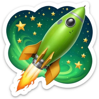 A pear flying on top of a rocket into space sticker