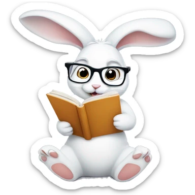 White bunny with glasses and book in his paws  sticker