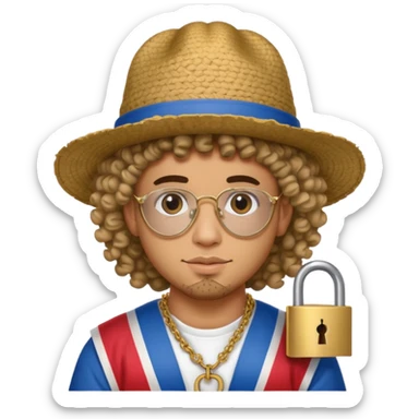 An emoji of Bad Bunny, the superstar from Puerto Rico. The singer. His hair is curly. He has a padlock beard. An an traditional boricua hat.  sticker