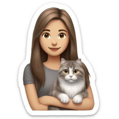  Chestnut brown straight hair girl holding fluffy Siberian gray cat  sticker
