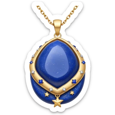 lapis lazuli stone in original form, cradled by a shimmering gold chain, surrounded by tiny stars sticker