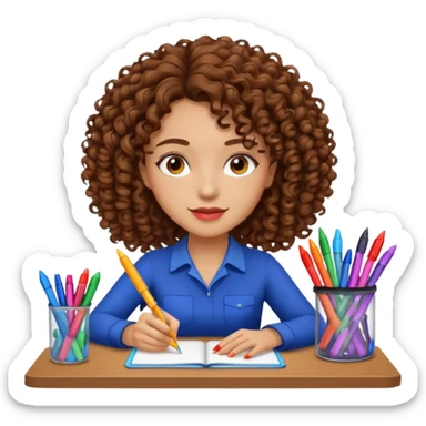 A women curly hair long and light skin with markers on her desk sticker