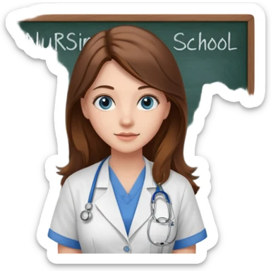 university classroom that says nursing school on the blackboard with a pretty female nursing student with long brown hair, blue eyes sticker