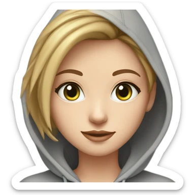 beautiful girl with computer,green eyes,beautiful girl with short read hair with computer,blue eyes,white skin, makeup, hoodie,short light-brown hair,code in background sticker