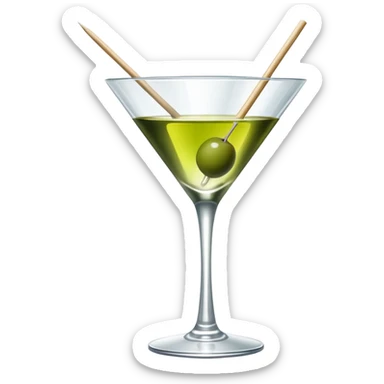 martini glass with completely colorless transparent liquid like pure water, with a green olive at the bottom skewered by a toothpick sticker