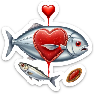 Ethereal red meat, liver, and sardines glowing with magical energy surrounding a bright red blood cell. Mystical light connects the foods to the blood cell and flows toward a heart and muscles, showing heme iron's role in creating vitality and energy throughout the body. sticker