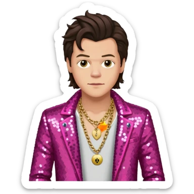 Harry Styles with light skin, long dark brown hair, dark pink sequin jacket, shirtless with necklace sticker