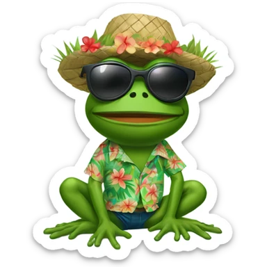 Pepe the Frog wearing a Hawaiian shirt with floral patterns, a grass skirt, and a pair of sunglasses, with a relaxed and carefree expression. sticker