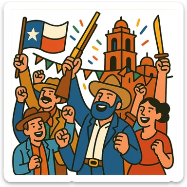 Texans celebrating and cheering after taking over Mexico City in 1867, festive mood sticker
