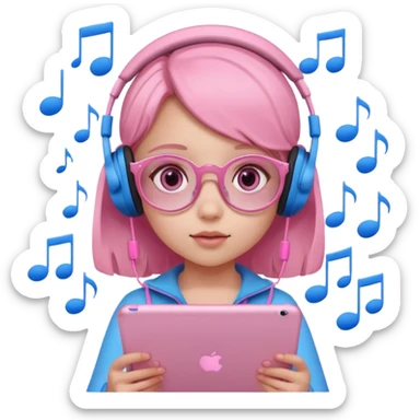 Little girl with headphones when pink eyes and pink iPad and pink dreamy background and rose colored glasses and blue music notes around her sticker