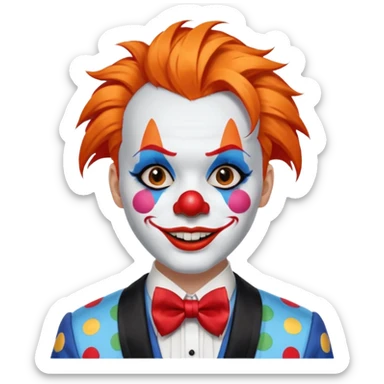 Orange hair styled in upward tufts.

White face paint, red nose, red lips, and thin black eyebrows.

Wearing a colorful patchwork clown suit with a big blue bow tie.

Happy, cheerful smile. sticker