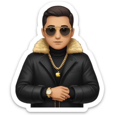 bearded man with slicked back hair, wearing dark sunglasses, a luxurious fur coat over a black turtleneck, gold chains and a watch, minimalist flat design, glossy Apple emoji style, simple facial features, centered full-body icon on white background sticker