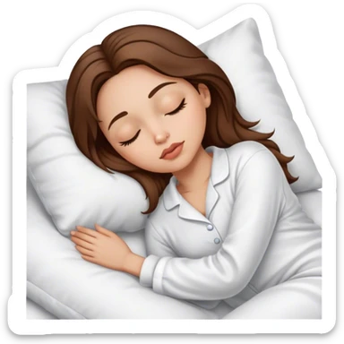 IOS emoji woman, light skin, medium-length brown hair, brown eyes, big lips, sleep in white pyjamas  sticker