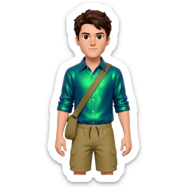 Chris Kratt with brown eyes, dark brown hair, green blue metallic shirt, khaki metallic baggy shorts sticker