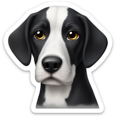 a Geman pointer dog with a dark black coat and white markings (white belly, feet, and tail tip), no black spots on white markings. Head is completely black with small white stain on the snout above the black nose. sticker