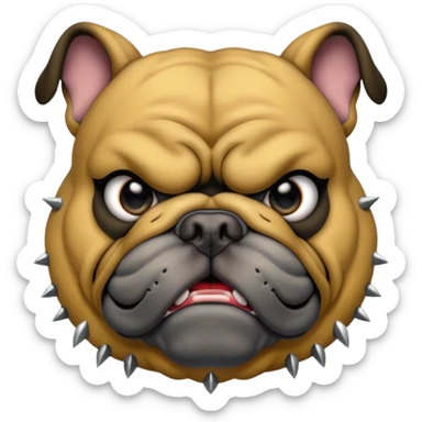 Create a fierce bulldog head emoji facing forward.
Strong jaw, deep wrinkles, and an intense scowl.
slight underbite with two visible fangs.
Blk & Gold gray fur with bold highlights and shading for depth.
Add a thick spiked collar (red or black) with shiny metallic spikes.
 sticker