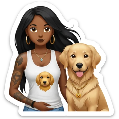 a black girl with long black  straight hair with  tattoos on the chest in the tank top and  a golden retriever sticker