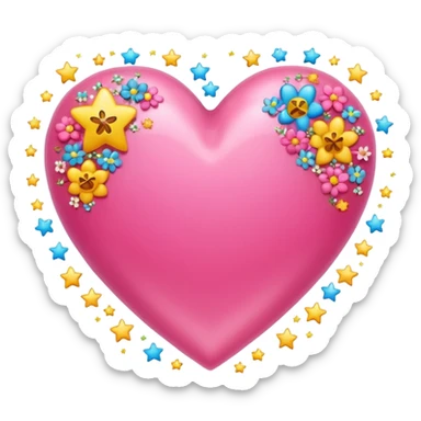 Colorful emoji-style icon of a large pink heart surrounded by sparkles, stars, and small flowers, representing overflowing love and joy. Bright and happy Apple-style emoji, glossy finish, white background. sticker