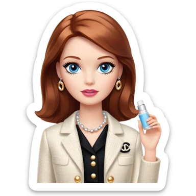 A Barbie girl with blue eyes, shoulder-length reddish-brown hair with makeup, wearing a white tweed jacket and a black skirt stands with Chanel white gold cream sticker