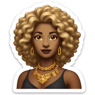Create an emoji of a confident woman with voluminous lion-like hair, bold makeup, and gold jewelry, embodying the Leo zodiac sign with a regal expression and fiery energy. sticker