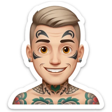 white man with bold face tattoo, happy face sticker
