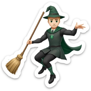A muscular strong Slytherin student in final year riding a broomstick sticker