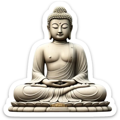 Cinematic Realistic image of the Big Buddha Monument of Sinheungsa Temple, portrayed as a towering, serene Buddha statue carved from weathered stone with intricate details and a gentle meditative expression, set within an ancient temple landscape enveloped in soft, ethereal lighting that underscores its spiritual majesty. sticker