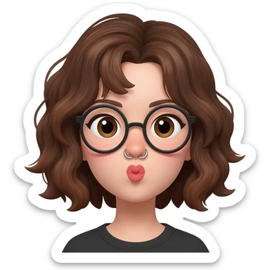 A cute brunette girl with big glasses, a nose ring blowing a kiss sticker