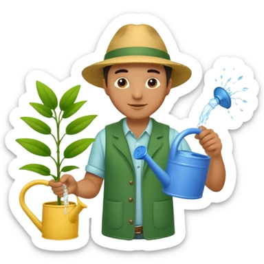 man pouring water onto a green plant,  with a watering can in hand,  sticker