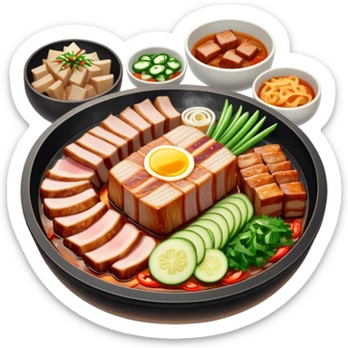 Cinematic Realistic Samgyeopsal Dish Emoji, depicted with sizzling, thick slices of pork belly grilled to perfection rendered with rich textures and warm, inviting lighting. sticker