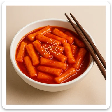 tteokbokki in a bowl, red sauce, chopsticks, simple background sticker