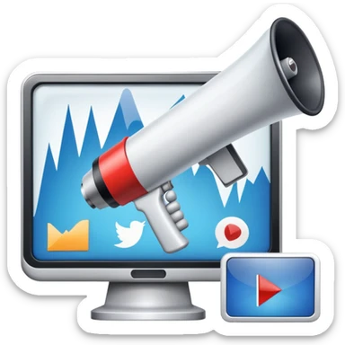 An icon featuring a megaphone, a billboard, and social media icons, symbolizing advertising and public relations. The design includes a press release and a rising graph, representing brand promotion and communication strategies. Transparent background highlights media influence and outreach. sticker