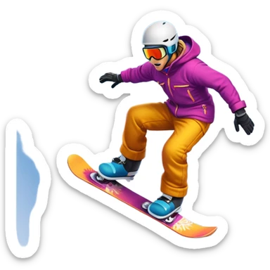 An icon showing a snowboarder performing an exciting jump on a snow-covered slope. The background features towering mountains, snow-covered trees, and a bright, clear sky. Transparent background highlights the speed, agility, and thrill of snowboarding. sticker