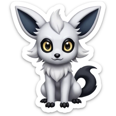 Absol-Umbreon, long thick black ears, black Scapha, black long tail, black eyes, white fur, black claws, cute big eyes, adorable sticker