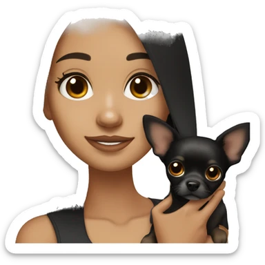 Pretty girl with long straight black hair, brown eyes, holding a black and tan chihuahua sticker
