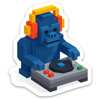 voxel style gorilla DJ with headphones and turntable, isometric view sticker