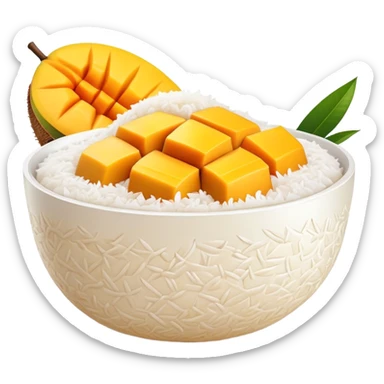 cinematic-realistic-mango-sticky-rice-dessert-emoji,-showcasing-sweet-sticky-rice out of a mould-paired-with-ripe-mango-slices-and-coconut-milk-rendered-with-lifelike-detail-and-warm,-inviting-lighting with the coconut  milk over the rice sticker