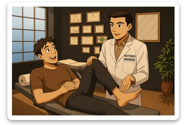 su questo lettino rappresenta un webtoon manga a colori con questo stile, in cui un uomo è steso sul lettino medico e il kinesiologo con il camice bianco (fagli anche la scritta "ANTONIO ANANIA" SUL CAMICE, gli solleva una gamba per fargli il test neuromuscolare, IL KINESIOLOGO SPIEGA ALL'UOMO UNA cosa mentre gli alza la gamba. l'espressione dell'uomo è felice e soddisfatta, non fare i fumetti però, fai solo in modo che sembri stiano parlando sticker
