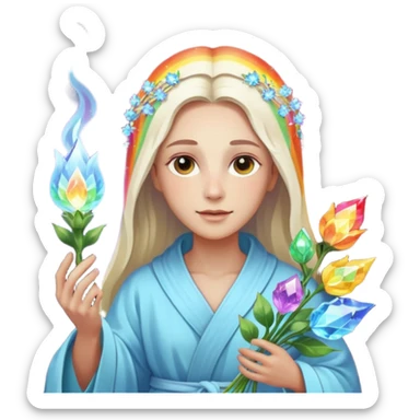 a being made of light pleidian nordic long faces but beautiful features of light with a robe on made of light and who is lanky holding a bouquet of crystal flowers on rainbow fire sticker
