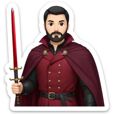 
Hombre de unos 30-40 años, alto, fuerte..
Rostro anguloso, barba bien recortada, cejas marcadas, mirada dura y orgullosa.
Castaño oscuro o negro, peinado hacia atrás.
Ropa de noble — chaqueta ajustada, capa corta, botas altas y espada al cinto. Colores oscuros (rojo vino, negro, granate) sticker