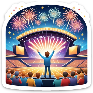 An icon showing a stadium stage with a concert in full swing, bright stage lights illuminating the performers, and fireworks bursting in the sky. The excitement of the crowd is palpable, symbolizing a love for live music and unforgettable shows. transparent background. sticker