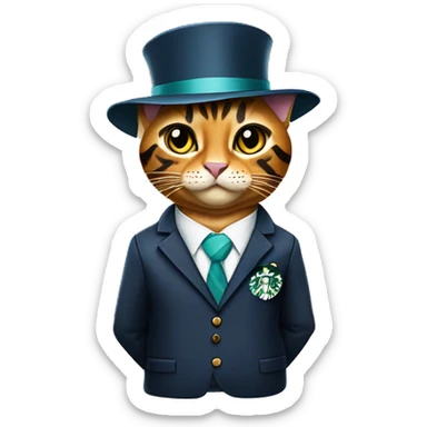Bengal cat wearing a suit with a BOA Merrill lynch employees badge holding a Starbucks coffee  sticker
