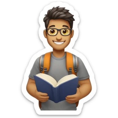 joven estudiante con muchos libros, sonriente y muy feliz con un libro en sus manos y en su cabeza, junto a muchos libros y una lampara y un libro en su cabeza sticker
