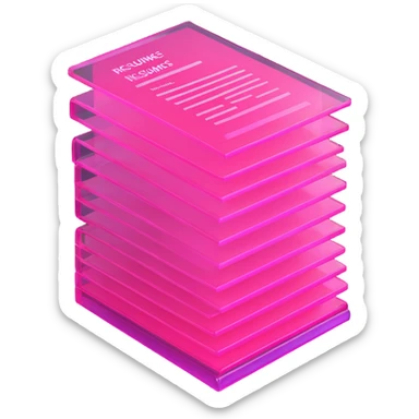 stack of resumes, transparent glass with bright pink gradient from #FF335F to #FF99AA, soft shadows and highlights, minimalistic sticker